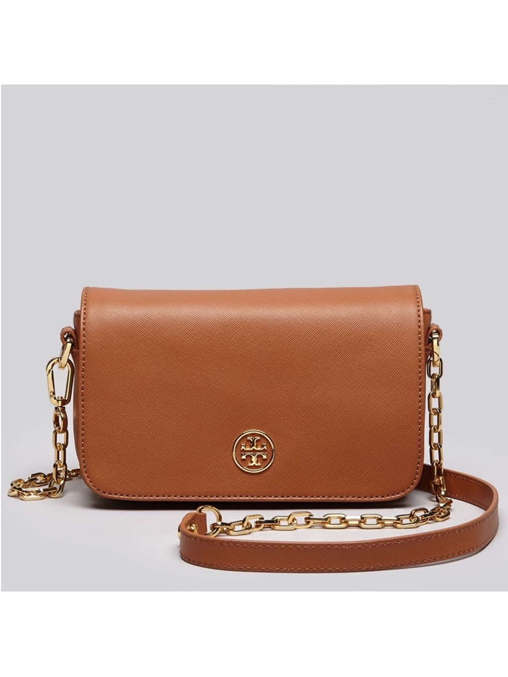 Tory Burch Chestnut Leather Robinson Crossbody with Gold Chain